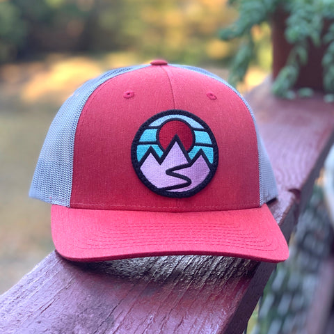 Curved-Brim Trucker (Rose/Silver) with Mountains Patch