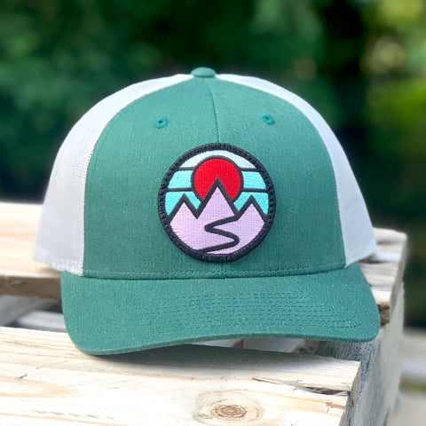 Curved-Brim Trucker (Emerald/Silver) with Mountains Patch