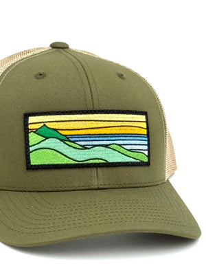 ridgecrest design patch hat on green/sand hat