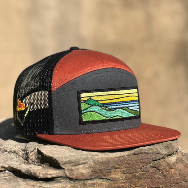 Poppy Orange Ridgecrest 7-Panel Trucker (Charcoal/Rust/Black)