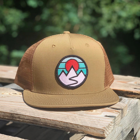 Flat-Brim Trucker (Caramel) with Mountains Patch