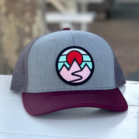 Curved-Brim Trucker (Maroon/Grey/Charcoal) with Mountains Patch
