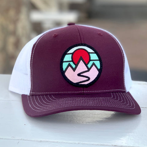 Curved-Brim Trucker (Maroon/White) with Mountains Patch