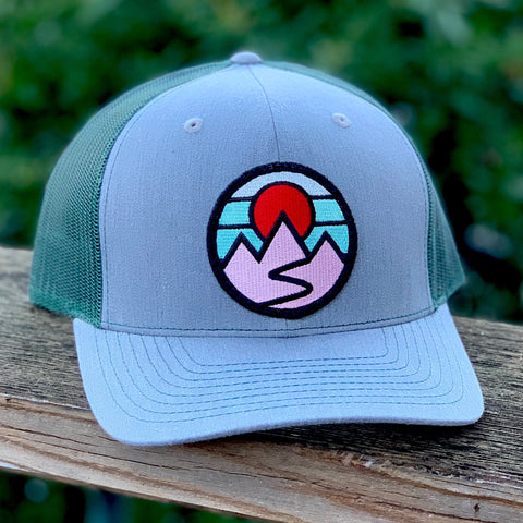 Curved-Brim Trucker (Grey/Green) with Mountains Patch