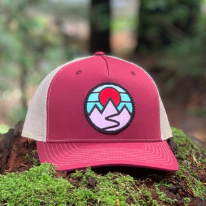 Mountains Curved-Brim Trucker (Maroon/Sand)