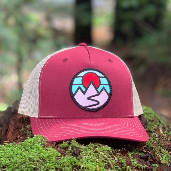 Mountains Curved-Brim Trucker (Maroon/Sand)