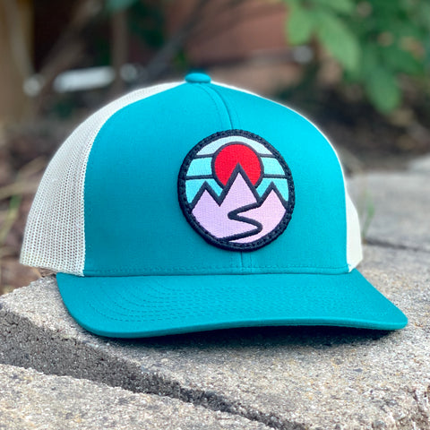 Curved-Brim Trucker (Teal/Sand) with Mountains Patch