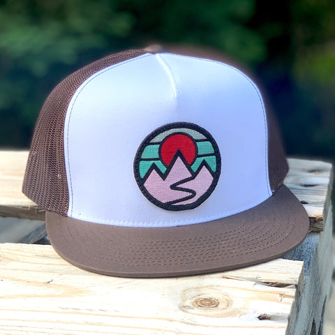 Flat-Brim Trucker (White/Brown) with Mountains Patch