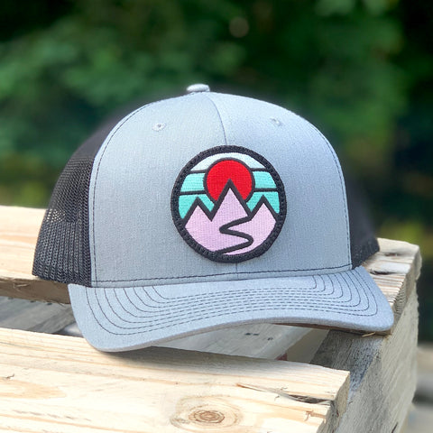 Curved-Brim Trucker (Grey/Black) with Mountains Patch